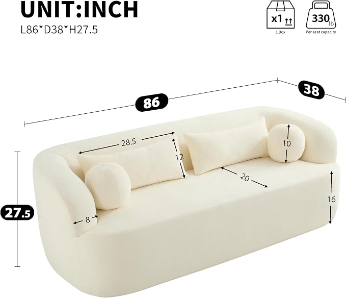 86" Curved Cloud Couch, Curved Sofa,Boneless Couch, Upholstered Sofa with Pillows, No Assembly with High-Density Foam, 3-Seater Luxury Modern Compressed Sofa, Beige