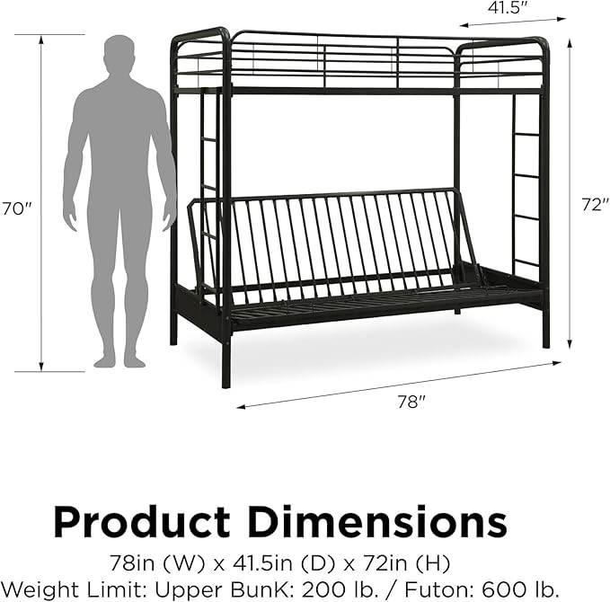 DHP Twin-Over-Futon Convertible Couch and Bed with Metal Frame, Ladder and Guardrails - Black