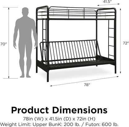 DHP Twin-Over-Futon Convertible Couch and Bed with Metal Frame, Ladder and Guardrails - Black