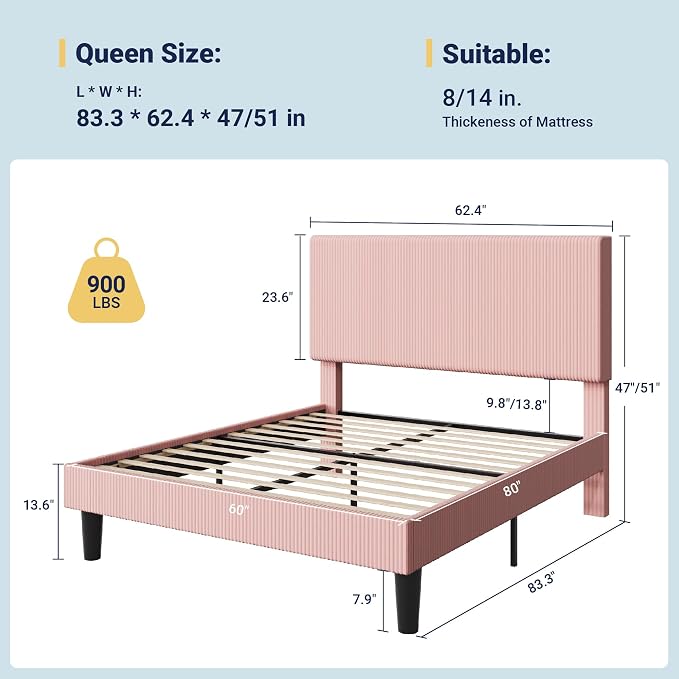 Allewie Queen Size Upholstered Bed Frame with Vertical Channel Tufted Headboard, Soft Corduroy Fabric Platform Bed, Strong Wooden Slats Support, Easy Assembly, No Box Spring Needed, Light Pink