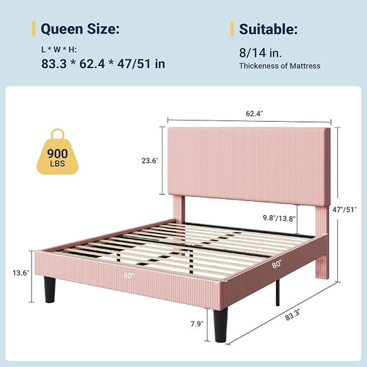 Allewie Queen Size Upholstered Bed Frame with Vertical Channel Tufted Headboard, Soft Corduroy Fabric Platform Bed, Strong Wooden Slats Support, Easy Assembly, No Box Spring Needed, Light Pink