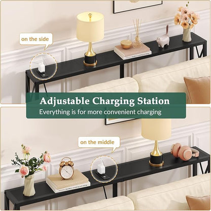 Gewudraw 55.1" Narrow Sofa Table, Console Table with Oulets & USB Ports, Entryway Table, Industrial Couch Table for Hallway, Living Room, Bedroom, 6.5 Feet Power Cord,Black