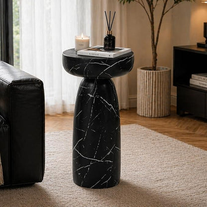 Marble Side Table, 24" Modern Faux Stone Accent Coffee Table | Durable Faux Marble Look Table for Small Spaces. Modern Pedestal Drink Table for Living room, Patio or Balcony.