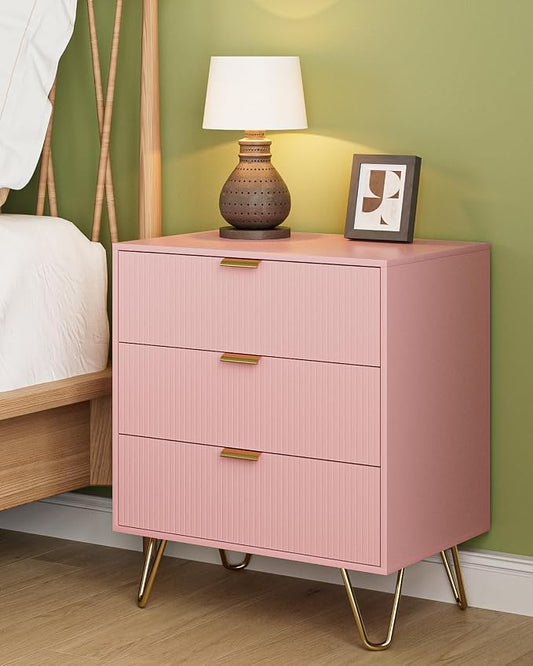 Fluted 3 Drawer Dresser for Bedroom, Modern Storage Bedroom Dresser Chest Cabinet Organizer with Anti-Tip Hardware for Living Room, Dressing Room, Kids Room, Office (Pink)