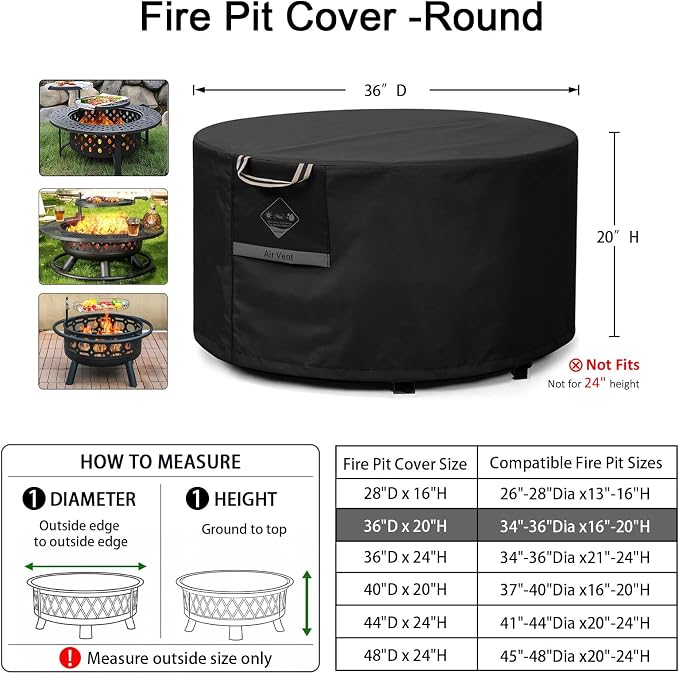 QH.HOME Fire Pit Cover Round, 100% Waterproof, 600D Strong Tear Resistant, Outdoor Firepit Covers Round Fits 34 inch ,35 inch,36 inch Fire Pit Cover, 36” Dia X 20”H -Black
