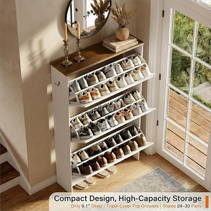 Nicetree Shoe Storage Cabinet for Entryway, Freestanding Fluted Accent Ultra Slim Shoe Cabinet with 3 Flip Drawers, Farmhouse Shoe Rack with 3-Tier Adjustable Shelves for Hallway Foyer Rustic-White