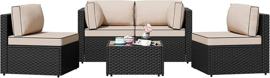 Patio Furniture Sets, 5 Piece Outdoor Sectional Sofas, Wicker Rattan Outdoor Furniture Patio Conversation Set, All-Weather PE Rattan Outdoor Couch for Backyard, Garden, Black & Khaki
