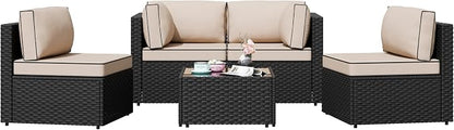 Shintenchi 5 Pieces Outdoor Patio Sectional Sofa Couch, Black PE Wicker Furniture Sets, Patio Conversation Sets with Washable Cushions Glass Coffee Table for Garden, Poolside, Backyard,(Khaki)
