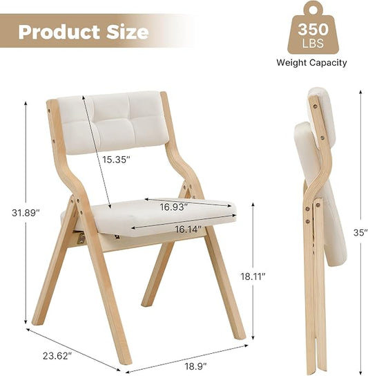 Folding Dining Chairs with Cushion Set of 2,Padded Foldable Dining Chairs,Portable Wooden Folding Chairs with Seat for Dining Rooms Kitchen Wedding Party Indoor Velvet Beige