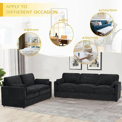 69” Chenille Love seat Sofa w/Arm Pillows, Upholstered 2 Seater Sofa w/Comfortable Back Cushions, Modern 2 Seats Couch w/High-Density Foam for Living Room, Apartment, Office, Black