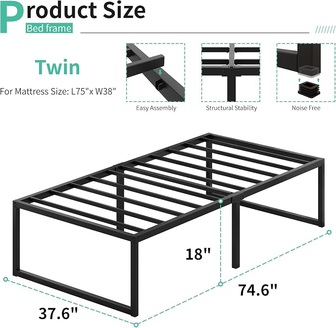 Lutown-Teen 18 Inch Twin Bed Frames Heavy Duty Metal Twin Platform Bed Frame No Box Spring Needed, Noise Free, Easy Assembly, Black