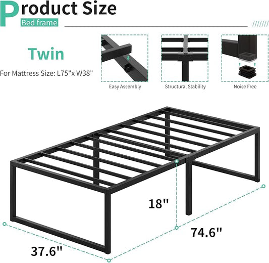 Lutown-Teen 18 Inch Twin Bed Frames Heavy Duty Metal Twin Platform Bed Frame No Box Spring Needed, Noise Free, Easy Assembly, Black