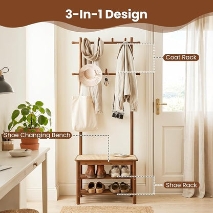 Giantex 3-in-1 Hall Tree with Bench and Shoe Storage, Bamboo Coat Rack Freestanding w/PE Rattan Bench, 11 Hanging Rods, 3 Tier Shoe Rack, Narrow Mudroom Storage Organizer for Entryway Bedroom, Brown