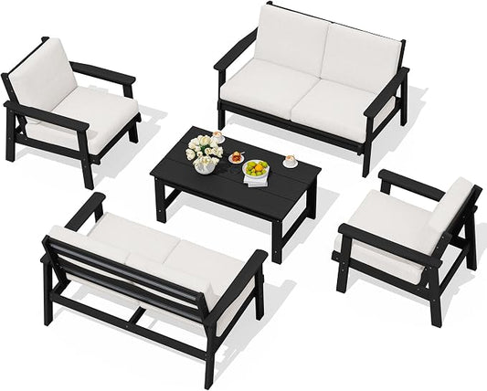 SERWALL HDPE Patio Furniture Set, 5 Piece All Weather Wood-Like Sectional Outdoor Furniture Set, Black Patio Sofa Couch with Khaki Cushions for Deck, Lawn