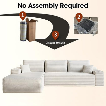 107" Corduroy Couch for Office, Cloud L Shape Sofa, Deep Seat Comfy Couches for Living Room Bedroom Apartment, Compressed Foam No Assembly Required, Left Facing Chaise, White