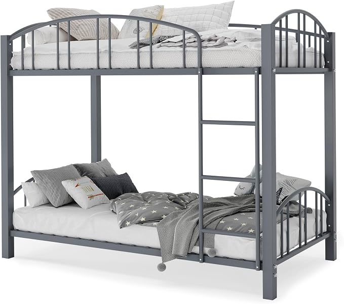 IDEALHOUSE Twin Over Twin Bunk Bed Frame, Twin Bunk Bed Frame with Heightened Arched Guardrail and Safety Ladder, Sturdy Steel Bed for School, Bedroom, Easy Assembly, Modern Matte Gray
