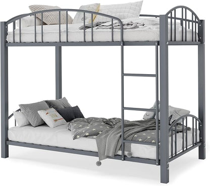 IDEALHOUSE Twin Over Twin Bunk Bed Frame, Twin Bunk Bed Frame with Heightened Arched Guardrail and Safety Ladder, Sturdy Steel Bed for School, Bedroom, Easy Assembly, Modern Matte Gray