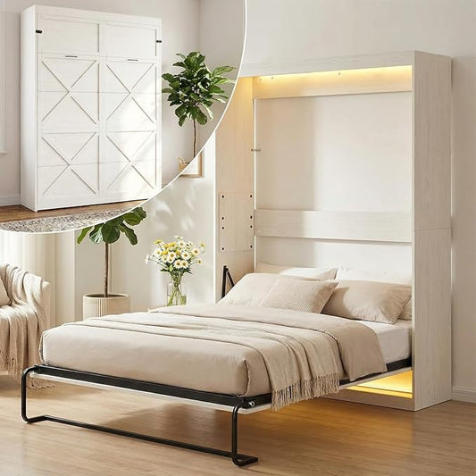 CECER Queen Vertical Murphy Wall Bed，Space Saving for Offices/Guest-White | Durable Gas-Lift for smooth folding，16 Color Controllable LED Lights，Sturdy frame ＆ Easy Assemble