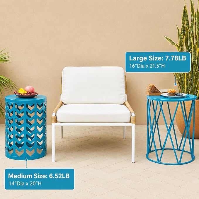 Nesting Side Table Set of 3 Decorative Round Garden Stools for Indoor Outdoor Heavy Duty Metal Frame Side Table Nightstands Modern End Table Plant Stand, Blue