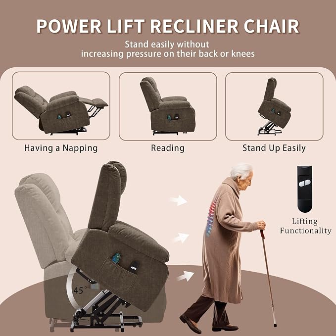 Korser Oversized Power Lift Recliner for Elderly, Electric Recliner Chairs with Massage and Heat, Extra Wide Recliner with Side Pockets, Reclining Chair for Living Room (Cashmere, Brown)