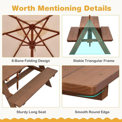 HONEY JOY Kids Picnic Table, Outdoor Wooden Bench Set w/Removable Umbrella, Children Backyard Furniture for Patio Garden, Toddler Picnic Table for Outdoors, Gift for Boys Girls, Walnut