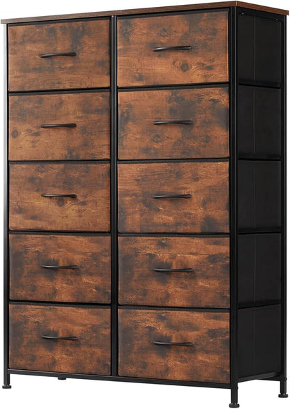 DUMOS 10 Drawer Dresser for Bedroom, Storage Organizer Chest of Drawers | Wide Fabric Closet Organizer Tower Furniture with Wooden Top Metal Frame, Dorm, Brown