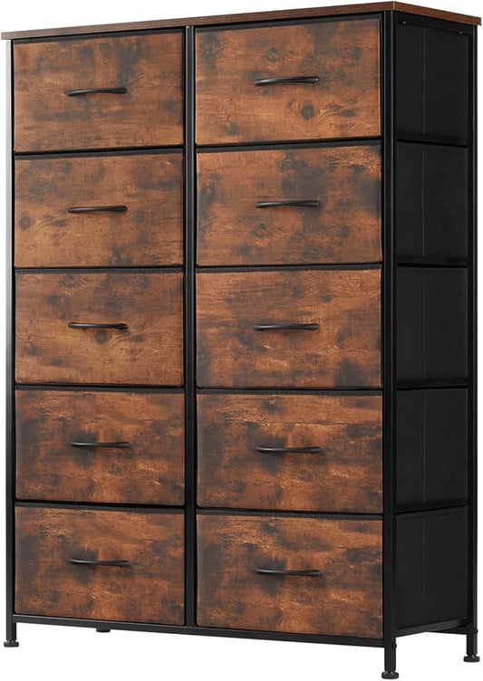 DUMOS 10 Drawer Dresser for Bedroom, Storage Organizer Chest of Drawers | Wide Fabric Closet Organizer Tower Furniture with Wooden Top Metal Frame, Dorm, Brown