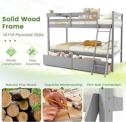 KOMFOTT Twin Over Twin Bunk Bed with 2 Roll-Out Drawers, Wood Bunk Bed Frame with Removable Storage Box, Bunk Bed with Ladder & Safety Guardrail for Dorm Apartment Home, No Box Spring Needed (Grey)