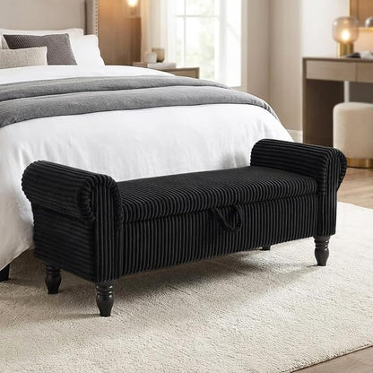 55" Storage Bedroom Bench for End of Bed, Storage Ottoman with Rolled Arms for Bedroom, Living Room, Entryway (Black)