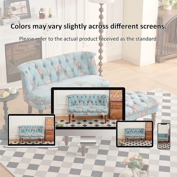 47" Upholstered Entryway Bench with Back, Tufted Entry Bench with Wood Leg | Mid-Century Modern Small Bench Floral Print Loveseat Seating Benches Sofa for Balcony, Living Room, Bedroom (47" /w back)