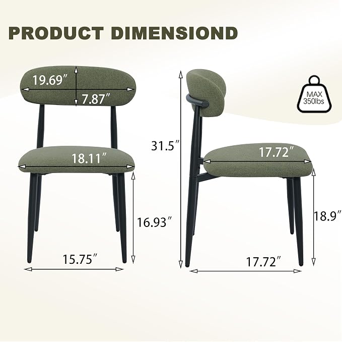 FREKEN Modern Upholstered Dining Chairs Set of 2, Mid-Century Metal Frame Linen Fabric Side Chair for Kitchen Dining Room, 350lbs Capacity, Green