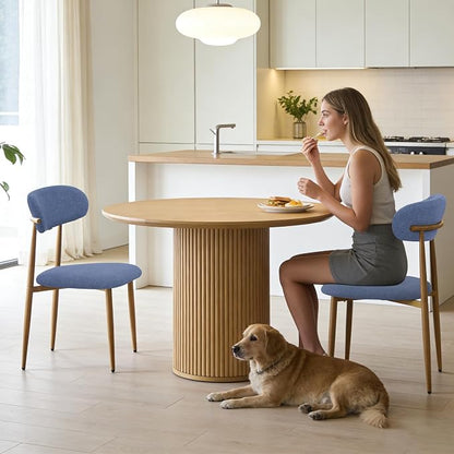 FREKEN Modern Upholstered Dining Chairs Set of 2, Mid-Century Metal Frame with Wood Grain, Linen Fabric Side Chair for Kitchen Dining Room, 350lbs Capacity, Blue