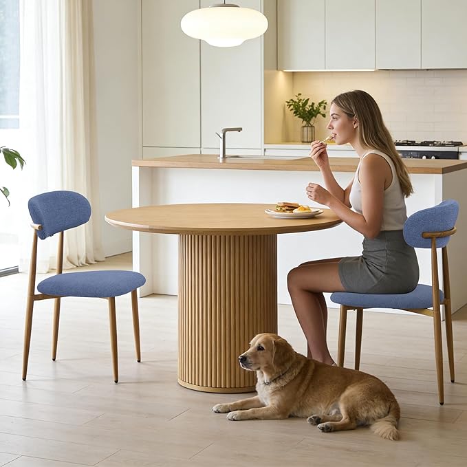 FREKEN Modern Upholstered Dining Chairs Set of 4, Mid-Century Metal Frame with Wood Grain, Linen Fabric Side Chair for Kitchen Dining Room, 350lbs Capacity, Blue