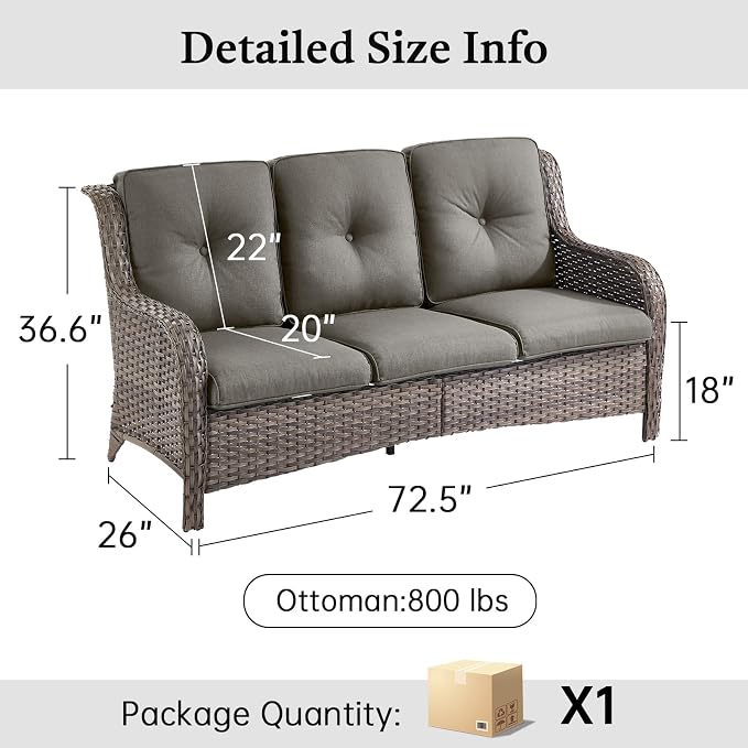 Outdoor Couch All Weather PE Wicker Patio Sofa Outdoor Sofa Deep Seating for Porch Deck Backyard-Grey/Grey