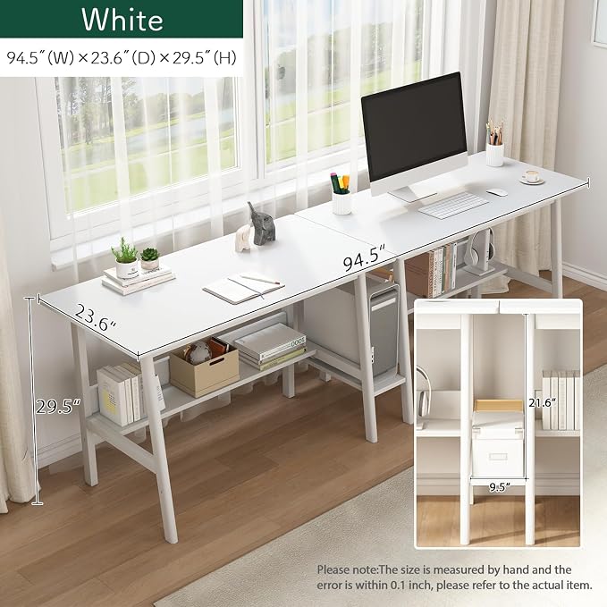 NELYE 2 Person Desk with Storage Bookshelf, 94” x 24” in, White | Fits Two People, Trapezoid Solid Wood Legs for Stability, Splits into Two Desks, Suitable for Home Office and Study