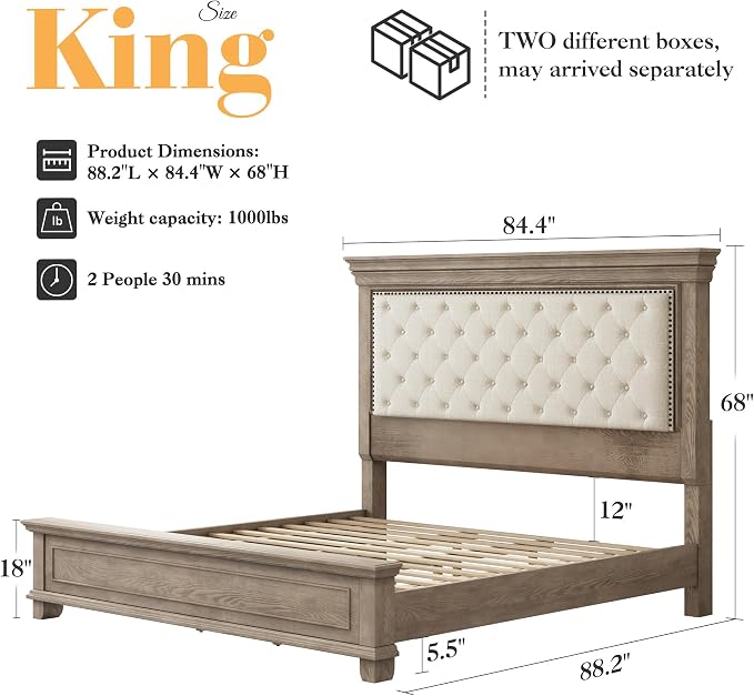 LUXOAK Solid Pine Wood King Bed Frame with 69" High Upholstered Headboard, Transitional Style Platform Bed, No Box Spring Needed & Easy Assembly, Button-Tufted Chenille Fabric, Antique Taupe