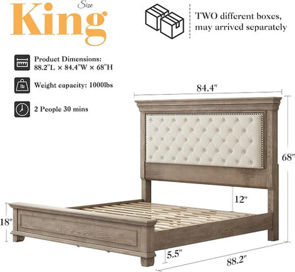 LUXOAK Solid Pine Wood King Bed Frame with 69" High Upholstered Headboard, Transitional Style Platform Bed, No Box Spring Needed & Easy Assembly, Button-Tufted Chenille Fabric, Antique Taupe