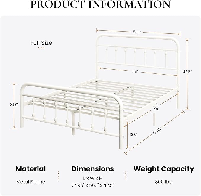 SHA CERLIN Full Size Metal Platform Bed Frame with Victorian Style Iron-Art Headboard and Footboard, Easy Assembly, Under Bed Storage, No Box Spring Required, Off White