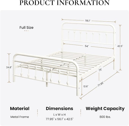 SHA CERLIN Full Size Metal Platform Bed Frame with Victorian Style Iron-Art Headboard and Footboard, Easy Assembly, Under Bed Storage, No Box Spring Required, Off White