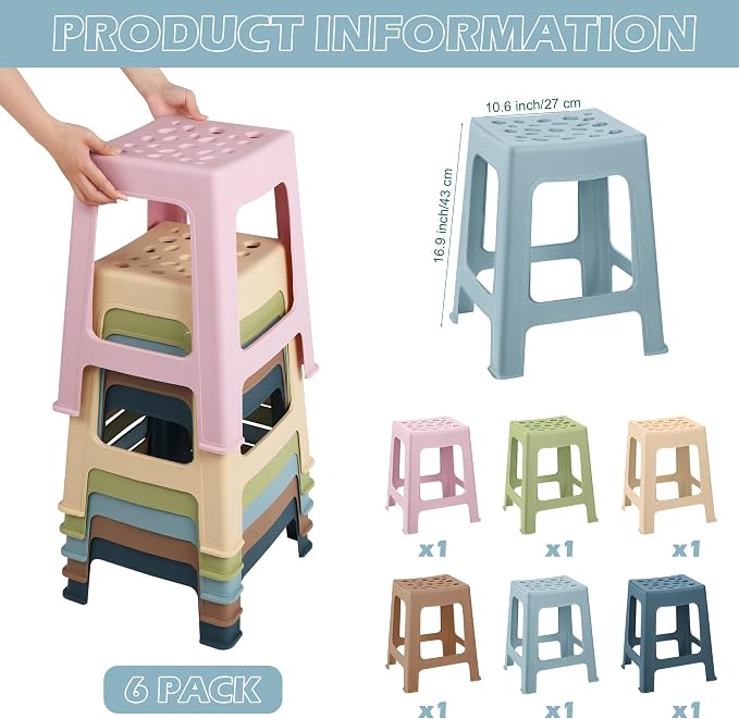TURSTIN 6 Pack Plastic Stools 16.9 Inch Nesting Stools Bohemia 6 Color Portable Backless Bar Stool Flexible Seating Chairs for Back-to-School Season Classroom Office Home