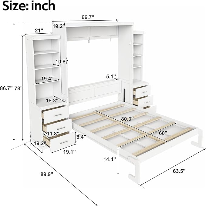 Murphy Bed Queen Size,Murphy Bed with Storage Shelves and Drawers,Wall Bedframe w/Wood Slatk,can be Folded,No Box Spring Needed,for Bedroom Apartment,White