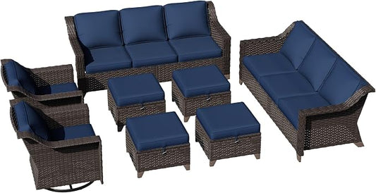 8 Pieces Patio Conversation Furniture Set - 2 Sofas, 4 Ottomans, 2 Swivel Chairs, 1 Side Table, Outdoor Wicker Furniture with Removable Cushions for Porch, Balcony, Sunroom (Blue)