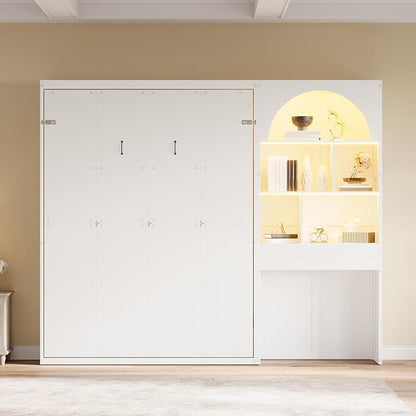 Merax Wood Multi-Functional Murphy Bed with Cabinets & a Drawer,White+Black | Queen Size Farmhouse Foldable Wall Bed with Upholstered Headboard / No Box Spring Needed / Space Saving