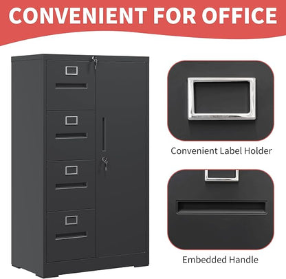 IKIMI 4 Drawer Black File Cabinet with 1 Door,Metal Storage Locker Cabinets for Employees,Home Office Lockable Steel Filing Cabinets for Legal/Letter Size Files, Assembly Required