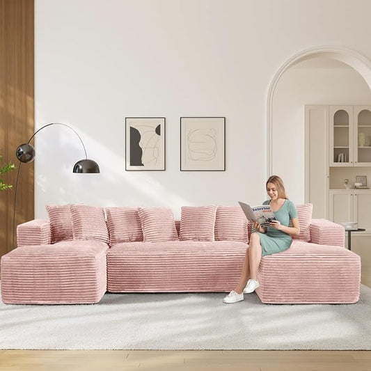 131" Oversized U Shaped Cloud Sectional Couches for Living Room, Comfy Fluffy Corduroy Pink Boneless Sectionals Couch, Plush Memory Foam Modular Sectional Sofa with Chaise- 19" Seat Height