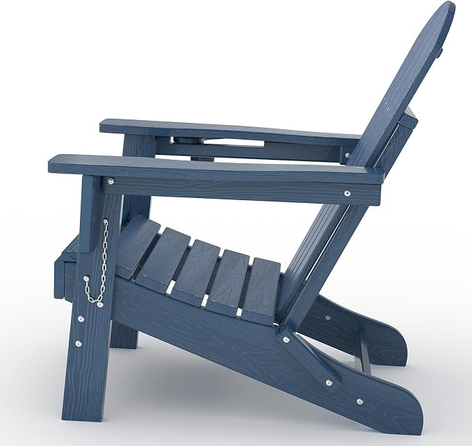 Garvee Folding Adirondack Chair Set of 2, HDPE Outdoor Patio Chair with Cup Holder, All Weather Resistent Wooden Textured for patios, Decks, Gardens, fire Pit, Navy Blue