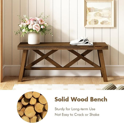 Wnutrees 43" Farmhouse Wood Bench, Rustic Solid Wood Entryway Bench Seat with Double X-Structure for Dining Area Living Room Hallway, Structural Stability, Natural