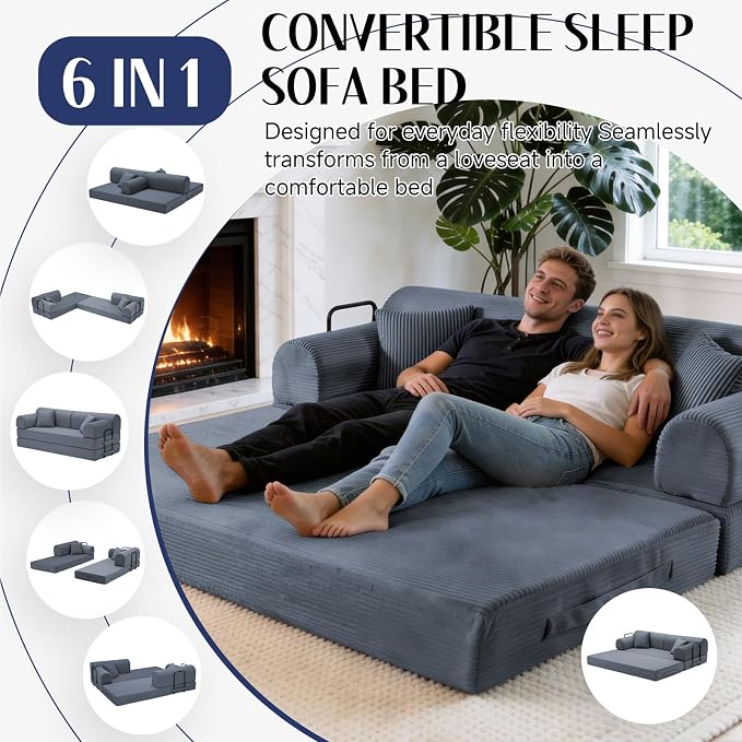 79'' Convertible Sofa Bed, 6 in 1 Folding Floor Futon Couch Sleeper with Fixed Frame, Corduroy Modular Sofa Bed with Removable Armrests & Pillows, No Assembly for Living Room Bedroom (Dark Gray)
