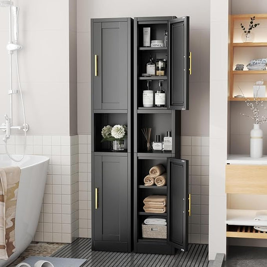 Tall Metal Narrow Bathroom Storage Cabinet 67" H, Tall Black Pantry Cabinets with 4 Adjustable Shelves and 2 Doors for Kitchen, Home Office, Living Room, Dining Room(11.8 inches Wide)