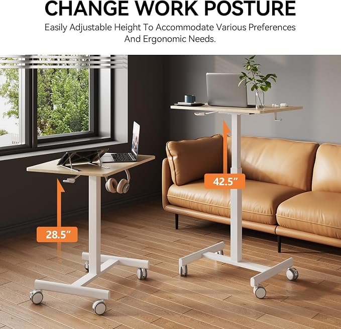 18.9*25.6 inch Mobile Standing Desk,T Shaped Pneumatic Adjustable Height Stand Up Desk,with Lockable Wheels,Ergonomic Standing Side Table for Home Office Work Computer Workstation MAPLE+WHITE